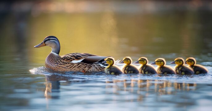 female duck leading six ducklings across calm reflective water at golden hour, tender protective and peaceful mood