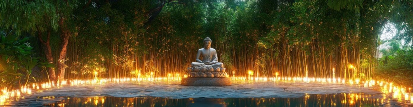Seated meditative statue on a lotus pedestal surrounded by a ring of glowing candles by a reflective pool in a bamboo grove, warm tranquil atmosphere
