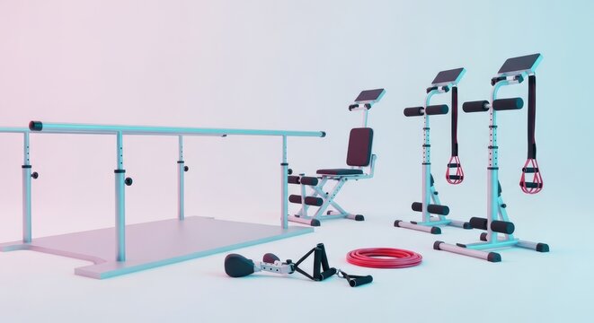 A sunny clinical setting with parallel bars, adjustable walking aids, and resistance equipment designed for physical therapy and recovery, fitness, hospital, rehabilitation