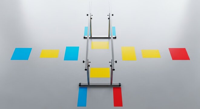 Overhead view of a rehabilitation floor featuring colored floor markers and parallel bars designed for gait training and physical therapy, restoration, metal, footprints
