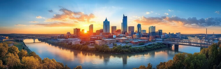 Fototapeta premium golden sunset over downtown skyline with river, bridges, skyscrapers and glowing reflections, peaceful panoramic cityscape at dusk