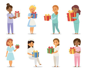 Fototapeta premium Nurse diverse group professional medical uniform holding colorful gift appreciation isolated. Healthcare worker present festive occasion isolated vector illustration white background. Happy female