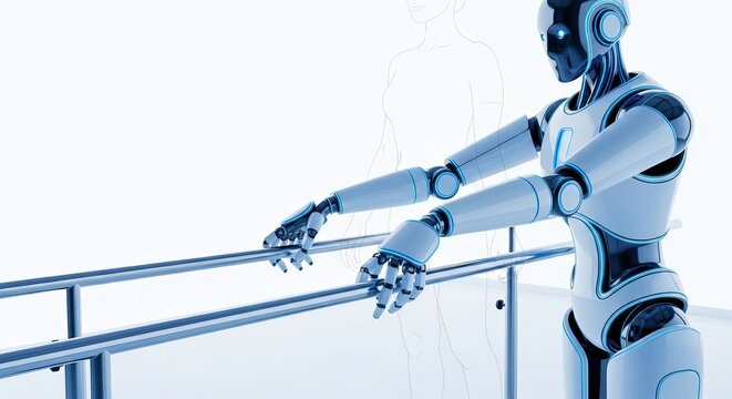 An advanced medical robot provides steady support along metal parallel bars within a bright clinical space for walking rehabilitation therapy, automation, smart, recovery
