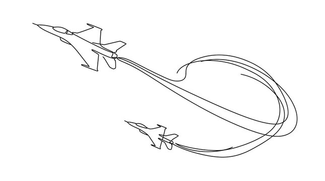 Continuous line drawing of two fighter jets flying with smoke trails