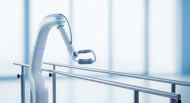 Advanced medical robot providing support along metal parallel bars in a clean clinical setting for physical therapy and gait training, mechanical, mobility, digital