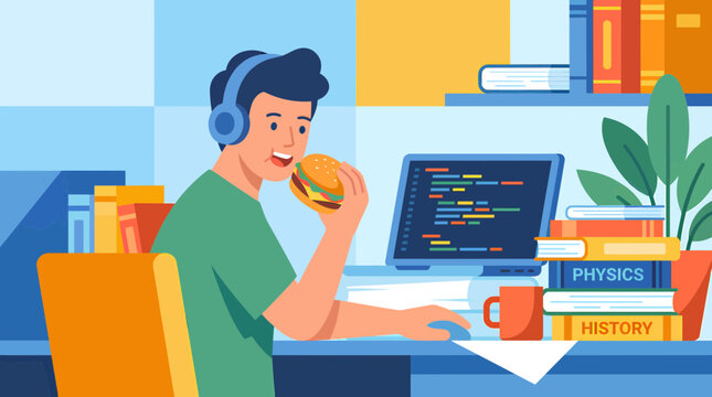 Young student eating hamburger while coding at computer desk