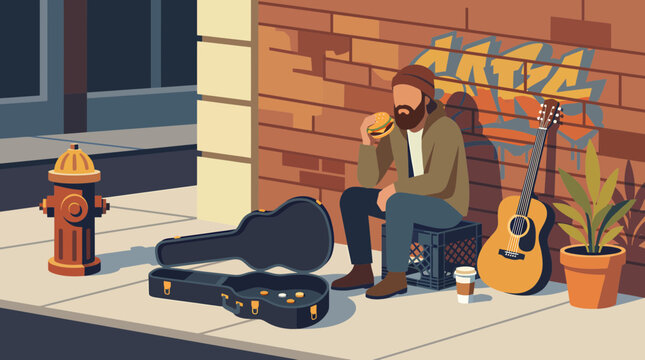 Vector illustration of a homeless street musician eating a burger