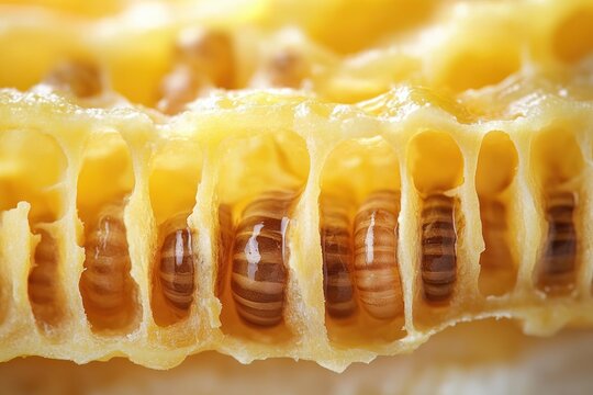 Macro close-up of golden honeycomb showing developing bee pupae nestled in wax cells with glistening honey, conveying a warm, intimate sense of nurturing and life