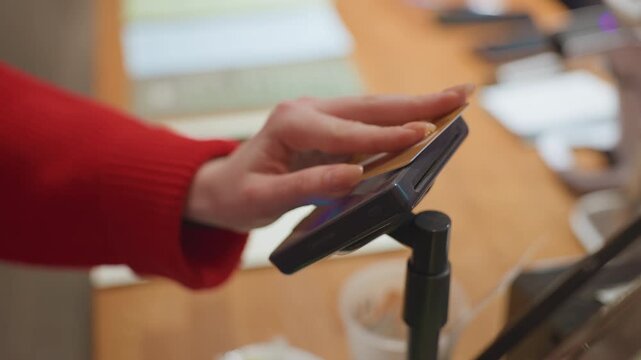 Barista hand tapping cafe payment terminal during morning rush, cozy warm atmosphere with wooden counter and cups, friendly service and quick contactless payment for espresso orders