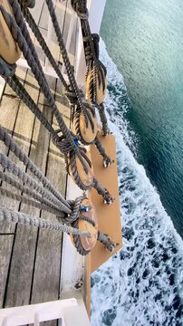 Vintage Wooden Pulley System and Rigging on a Sailing Ship