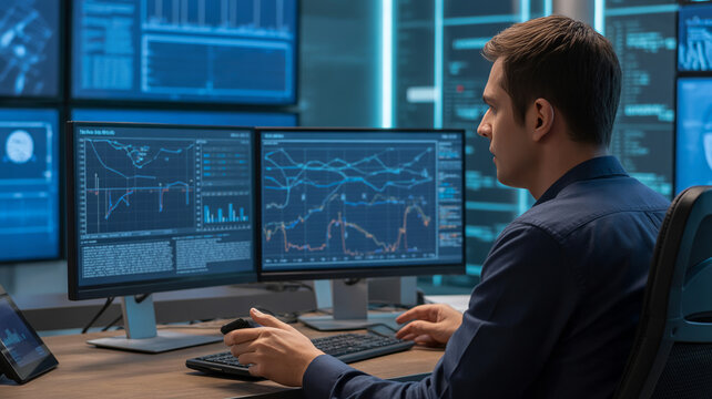 Data analyst working with complex data visualizations on multiple monitors

