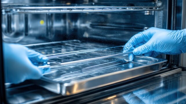 Hands wearing blue nitrile gloves cleaning stainless steel surgical instrument with disinfectant