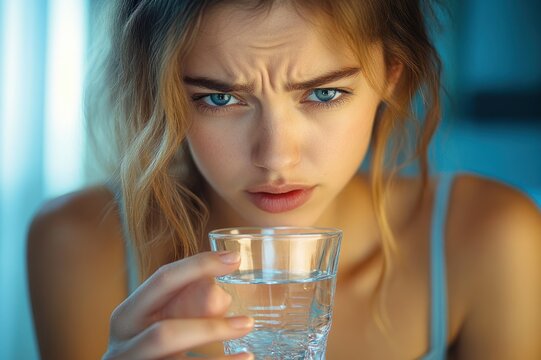 young woman with wavy blonde hair holding a clear glass of water in soft blue lighting, wearing a thin-strap top, calm and contemplative mood