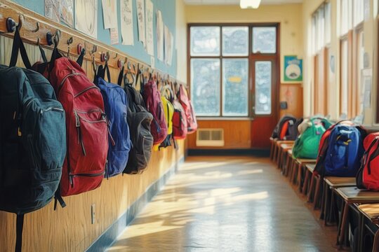 sunlit school hallway with rows of colorful backpacks hanging on hooks, empty chairs, children's drawings on the wall, quiet nostalgic morning