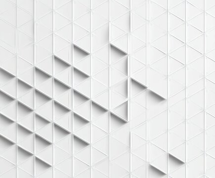 white three-dimensional triangular grid wall with repeating raised prism panels creating subtle shadows and minimalist geometric rhythm evoking calm order