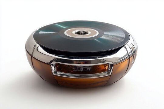 sleek retro-futuristic round portable cd player with compact disc on top, chrome accents and amber translucent body on white background, evoking nostalgic mood