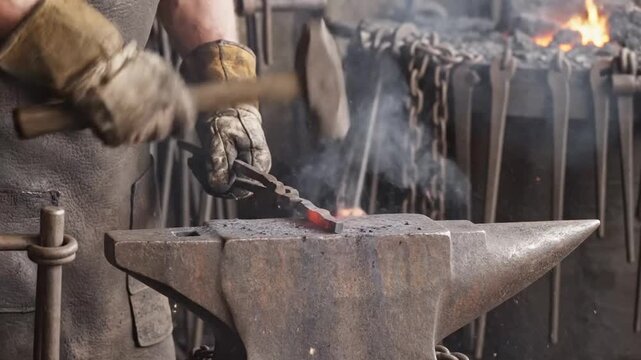 Blacksmithing in action blacksmith forging hot metal on an anvil with sparks flying industrial workshop scene
