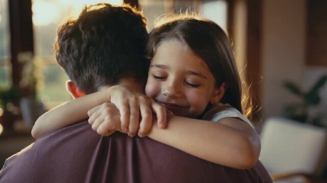 Sunlight bathes a warm embrace. Child hugs father tightly, eyes closed in joy. Soft focus frames the tender moment. Ideal for family, parenting, or emotional connection themes