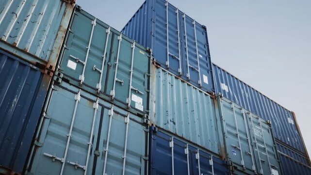 Stacked shipping containers under clear sky. Metal surfaces show wear and rust from use. Low angle emphasizes scale and industrial presence. Ideal for logistics, trade, or global commerce visuals