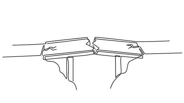 Single line drawing of a broken bridge or collapsed road