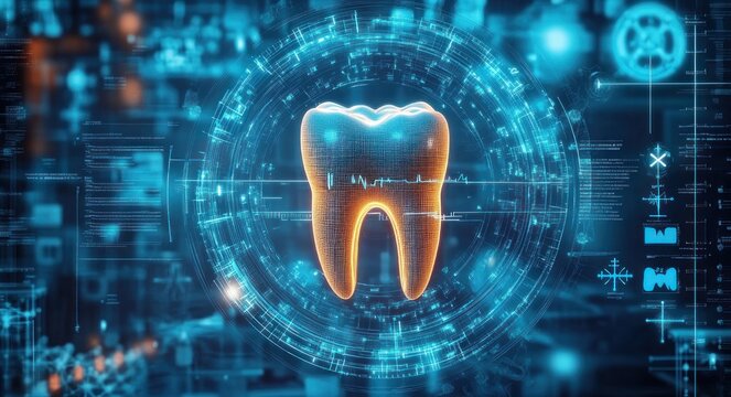 glowing 3d tooth hologram with electrocardiogram pulse overlay inside a circular blue digital interface conveying futuristic clinical precision