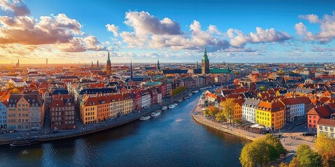 Fototapeta premium panoramic aerial view of a historic waterfront district with colorful row houses, canal with moored boats, church spires and warm golden sunlight under dramatic clouds, inviting and serene