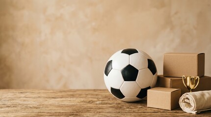 Naklejka premium Soccer Ball Delivery Concept with Trophy and Shipping Boxes on Wooden Table
