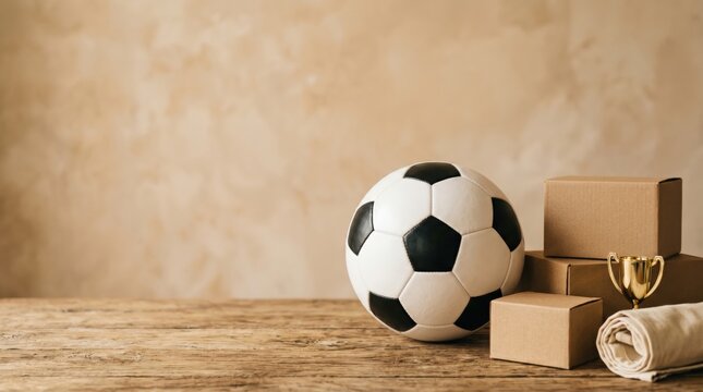 Soccer Ball Delivery Concept with Trophy and Shipping Boxes on Wooden Table