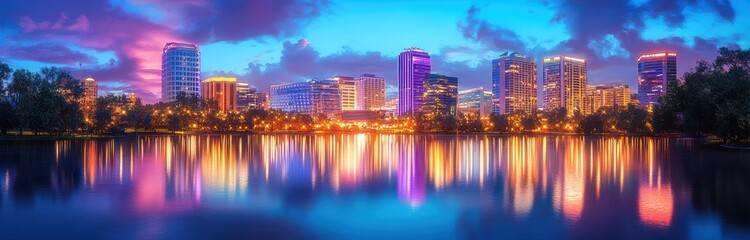 Fototapeta premium Vibrant twilight city skyline with illuminated high-rise buildings reflected on a calm lake, framed by trees under a colorful purple and blue sky, serene and dreamy