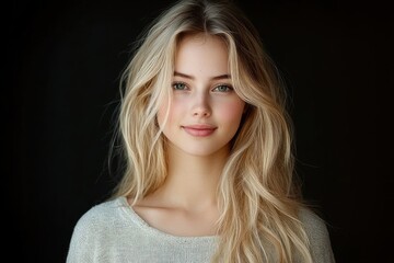 Naklejka premium studio portrait of a woman with long blonde wavy hair wearing a light knit sweater showing collarbone and shoulders, soft lighting against a dark background, calm serene mood
