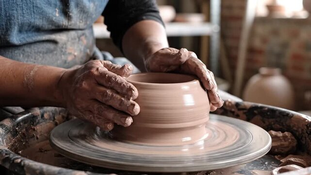 artisan potter shaping wet clay on spinning wheel in studio creating handmade ceramic vessel