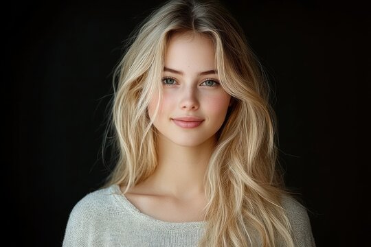 studio portrait of a woman with long blonde wavy hair wearing a light knit sweater showing collarbone and shoulders, soft lighting against a dark background, calm serene mood