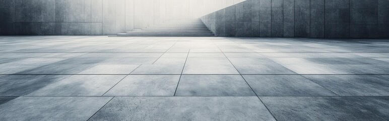 Fototapeta premium Empty modern concrete plaza with wide tiled floor and stairs rising to bright light, minimalist geometric walls conveying calm solitude and quiet anticipation