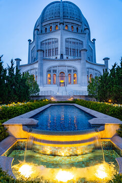 Baha'i House of Worship with Fountain at Dusk Wilmette Illinois