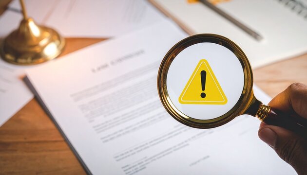 magnifying glass inspecting warning sign on financial documents with warm lighting