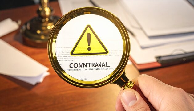 magnifying glass examining controversial document on wooden desk with warning sign