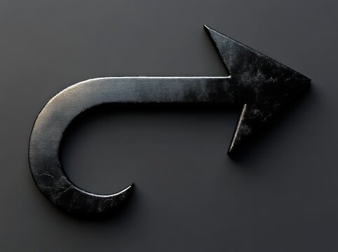 sleek dark metallic curved arrow pointing right on a matte background conveying decisive forward movement