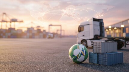 Global Logistics and Soccer Tournament Shipping Concept with Containers and Ball