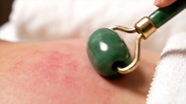 Luxurious Jade Roller Skincare Treatment In A Spa Setting Emphasizing Facial Massage And Healing Benefits For Beautiful Skin