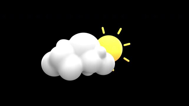 3D cartoon sun and cloud icon representing partly cloudy weather, mild climate, and forecast condition with alpha channel