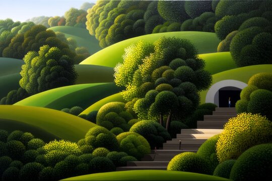 Abstract Terraced Hills with Lush Green Trees and a Mysterious Tunnel Entrance in a Serene Landscape