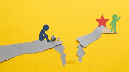A slumped blue figure sits by a crumpled star on a broken path, a visual metaphor for failure and the deep chasm of self-doubt. Across the gap, a green figure cheers by a red star, highlighting the pa © Everlasting Dreams