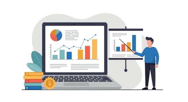 Apresenta&ccedil;&atilde;o de neg&oacute;cios com gr&aacute;ficos e tabelas exibidos em um laptop e em um quadro branco.