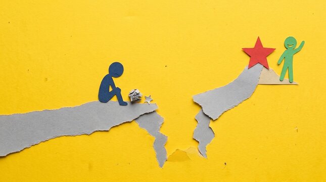 A slumped blue figure sits by a crumpled star on a broken path, a visual metaphor for failure and the deep chasm of self-doubt. Across the gap, a green figure cheers by a red star, highlighting the pa