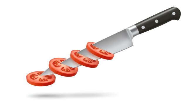 Faca fatiando tomate fresco isolado em fundo branco. Conceito de prepara&ccedil;&atilde;o culin&aacute;ria.