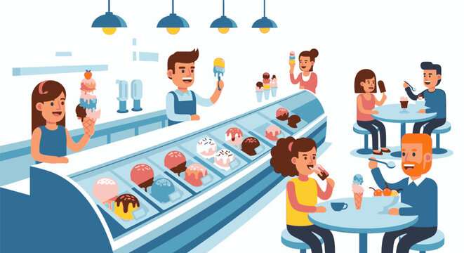 People eating ice cream at colorful dessert counter in food court