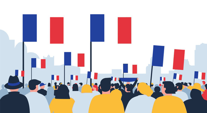 People gather to celebrate with flags waving in the air outdoors