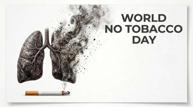 World No Tobacco Day concept, human lungs dissolving into smoke from a lit cigarette, anti-smoking awareness campaign poster on white background