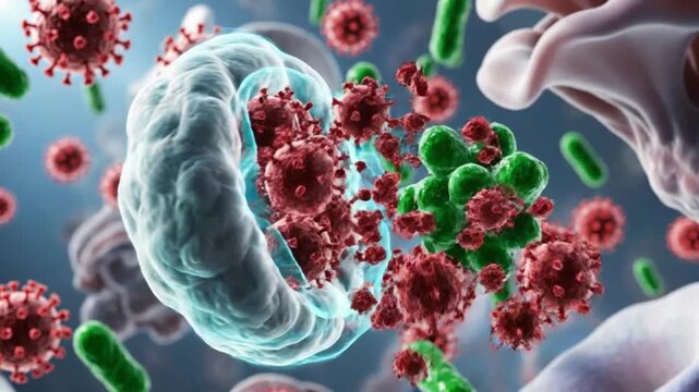 3D medical visualization of immune response white blood cells interacting with pathogens bacteria viruses fungi engulfing destroying infected cells microscopic biological environment soft lighting