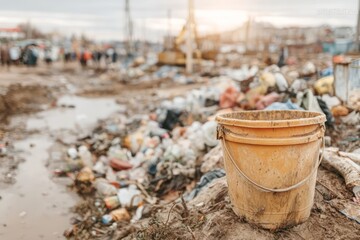Naklejka premium Dirty Pile of Waste with Cleaning Bucket in Foreground Near Contaminated Area at Sunset